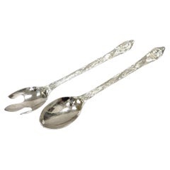 Vintage Modern Christmas Santa Claus Silver Plated Salad Serving Fork & Spoon