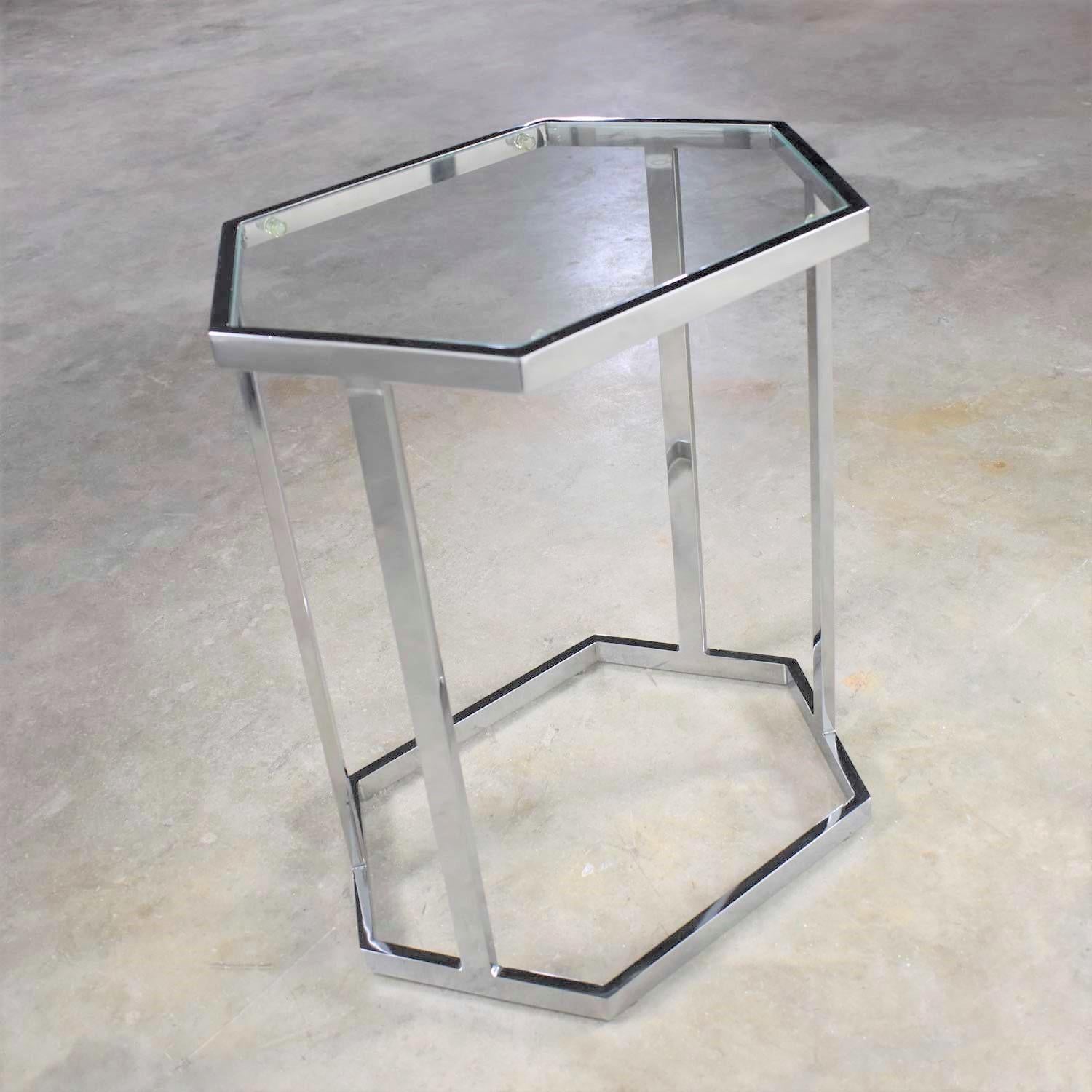Vintage Modern Chrome and Glass Hexagon Petite Side Table or Occasional Table 2