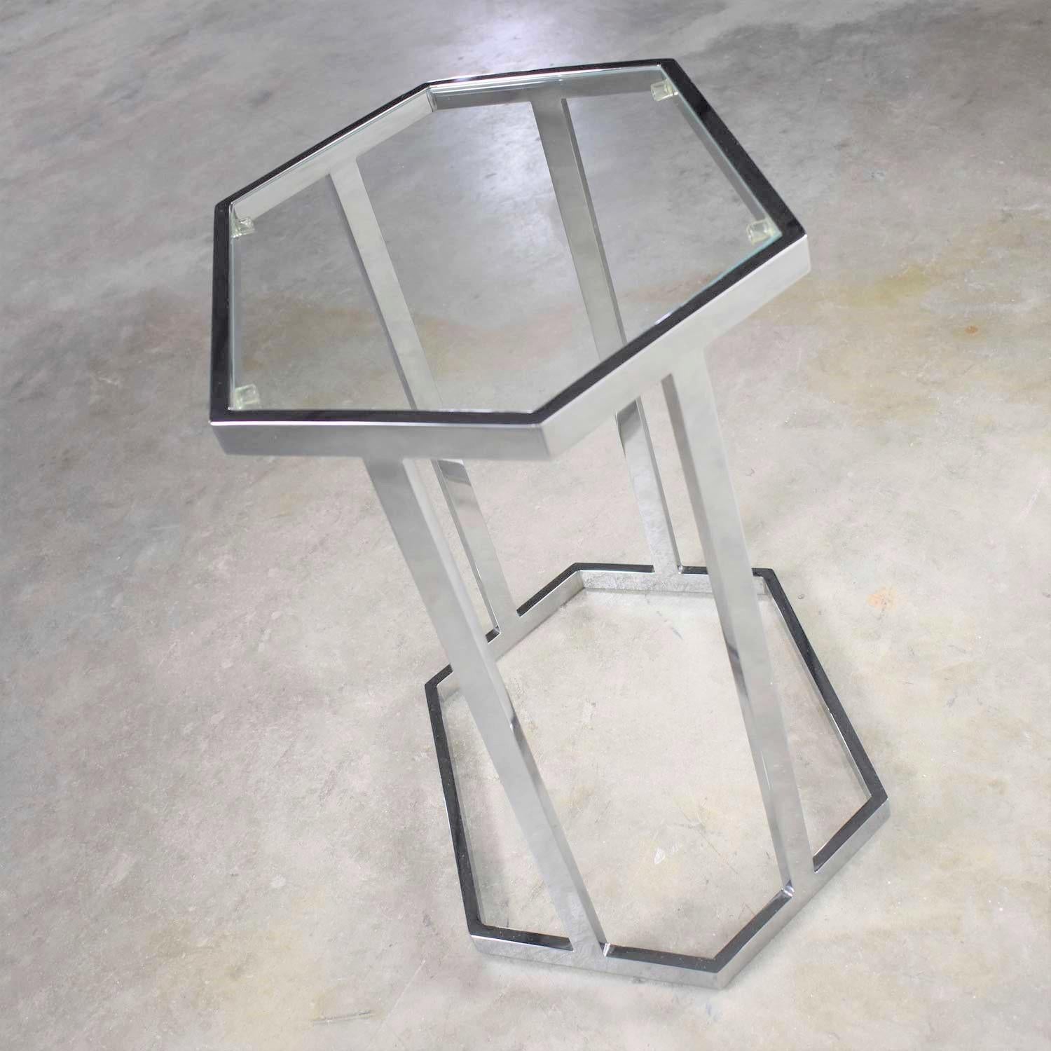 Vintage Modern Chrome and Glass Hexagon Petite Side Table or Occasional Table 3