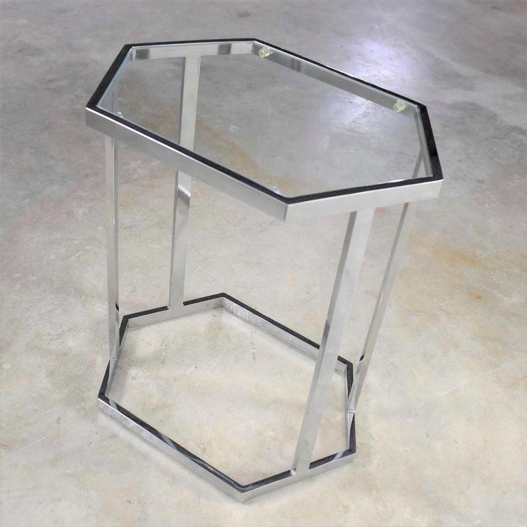 Vintage Modern Chrome and Glass Hexagon Petite Side Table or Occasional