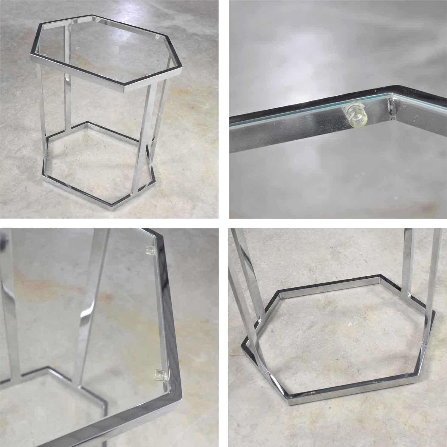 Vintage Modern Chrome and Glass Hexagon Petite Side Table or Occasional Table 5