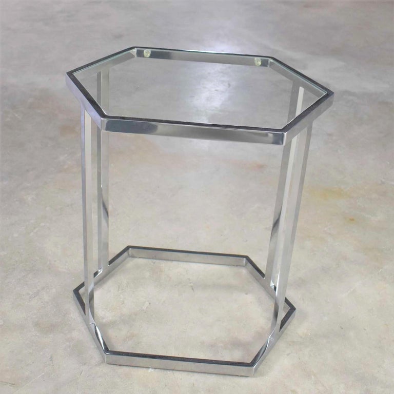 Vintage Modern Chrome and Glass Hexagon Petite Side Table or Occasional
