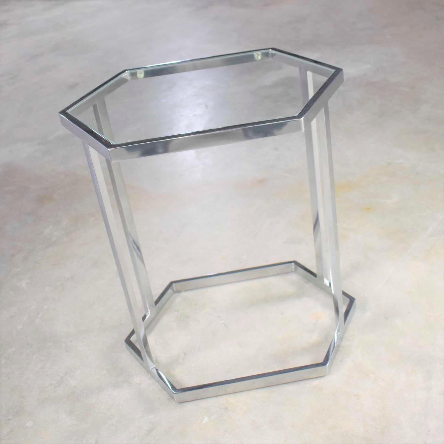 Mid-Century Modern Vintage Modern Chrome and Glass Hexagon Petite Side Table or Occasional Table