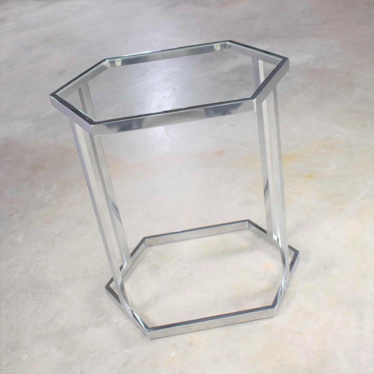 Vintage Modern Chrome and Glass Hexagon Petite Side Table or Occasional