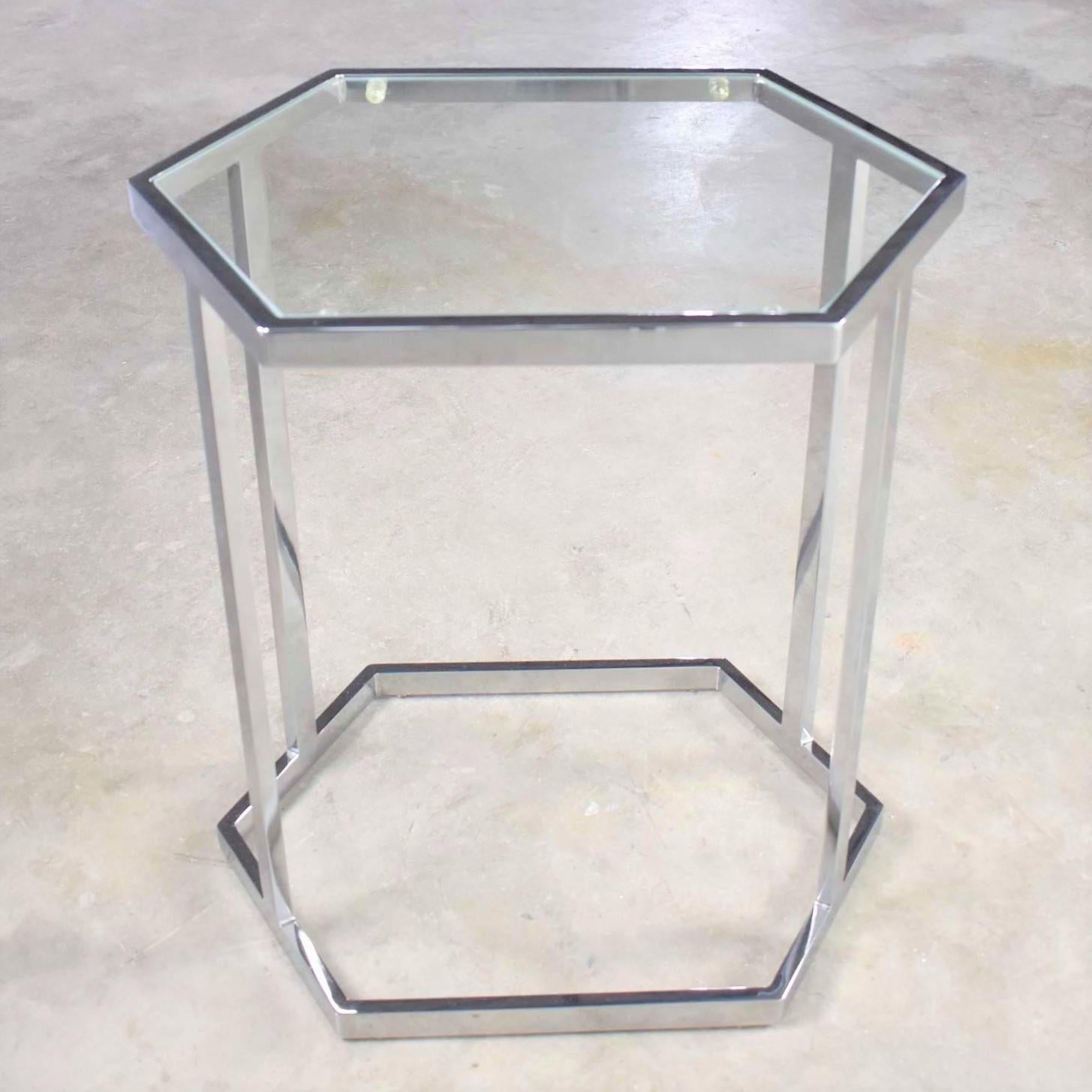20th Century Vintage Modern Chrome and Glass Hexagon Petite Side Table or Occasional Table