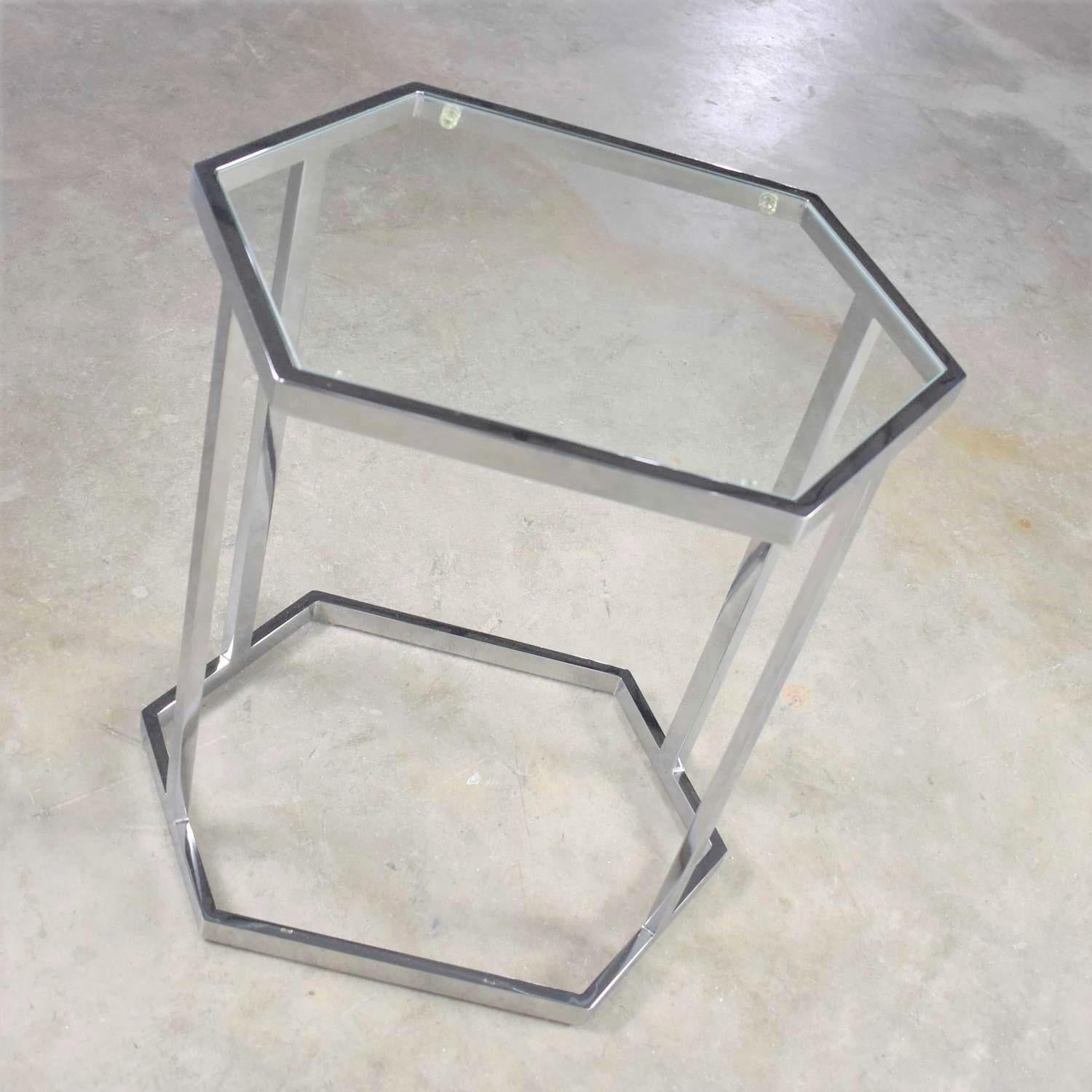 Vintage Modern Chrome and Glass Hexagon Petite Side Table or Occasional Table 1