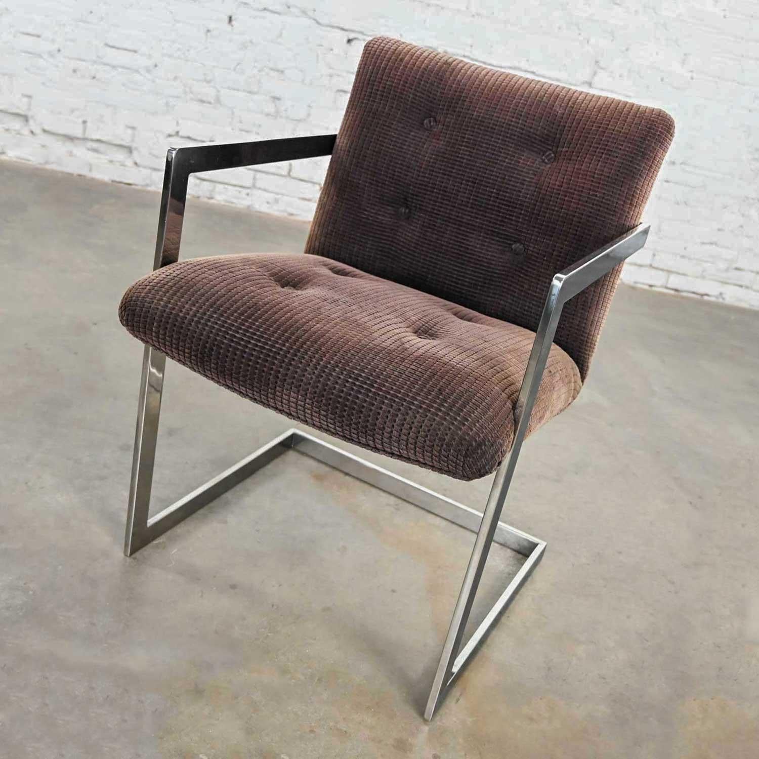 Fabric Vintage Modern Chrome & Brown Chenille Cantilever Chair in Style Brno by Knoll For Sale