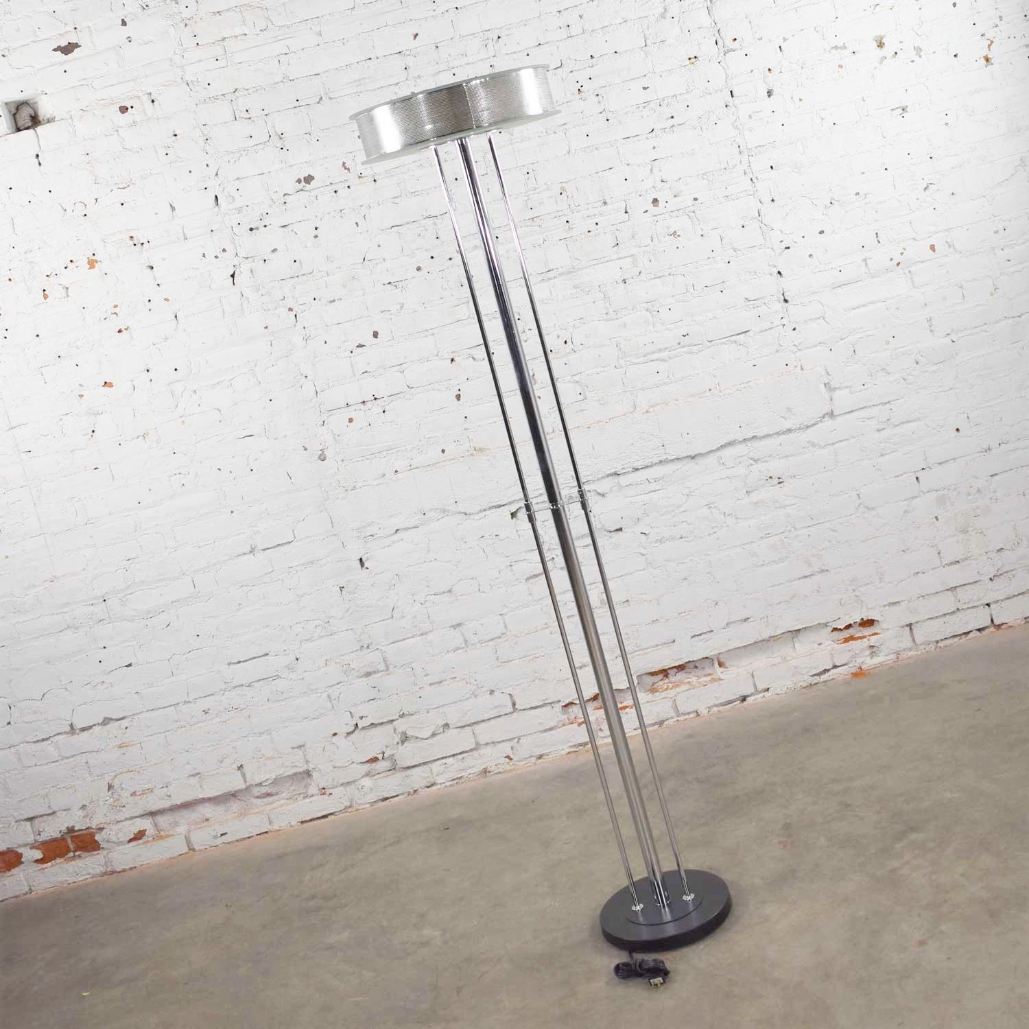 Vintage Modern Chrome Triple Shaft Floor Lamp with Perforated Metal Ring & Glass In Good Condition In Topeka, KS