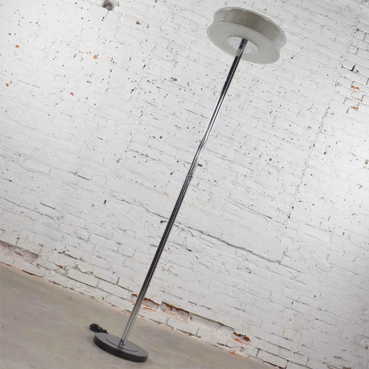 20th Century Vintage Modern Chrome Triple Shaft Floor Lamp with Perforated Metal Ring & Glass
