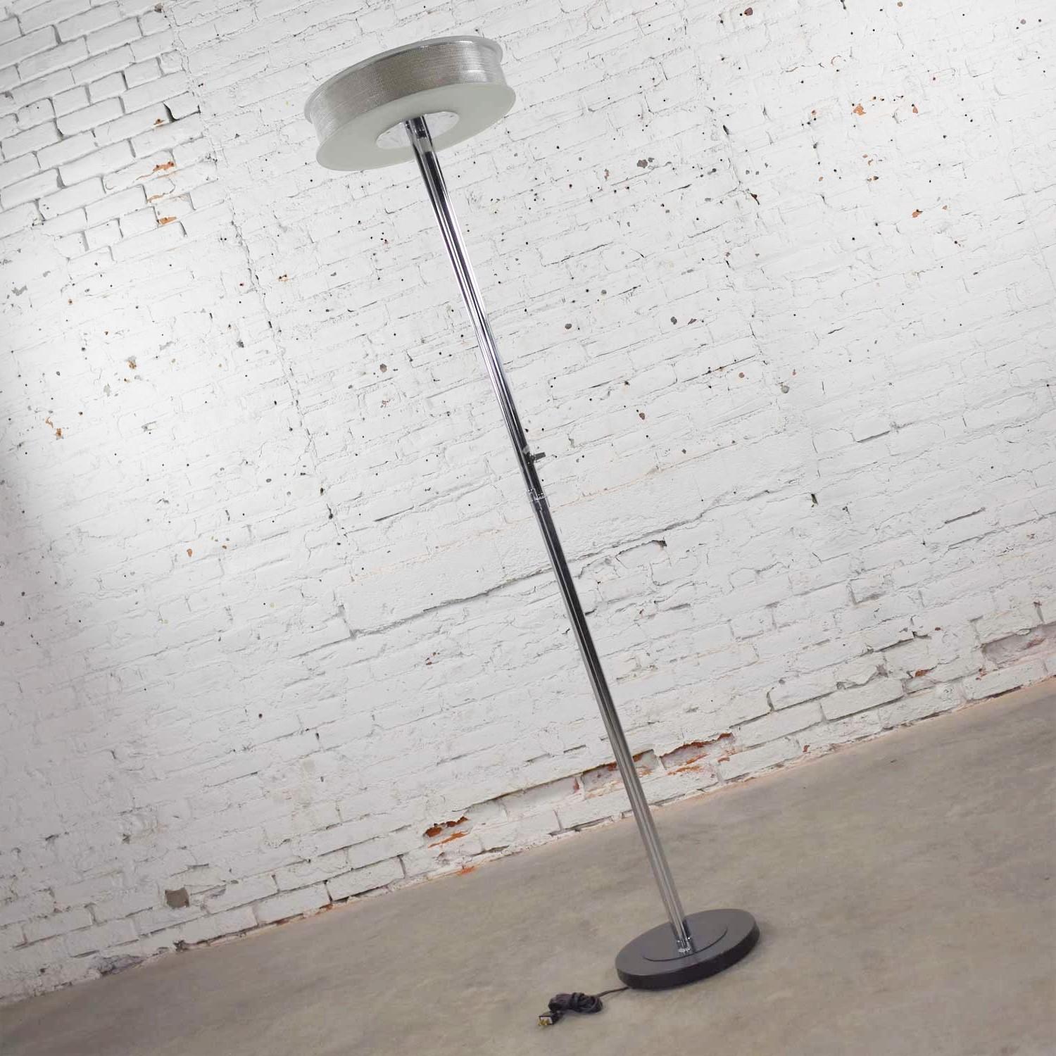 Vintage Modern Chrome Triple Shaft Floor Lamp with Perforated Metal Ring & Glass 1