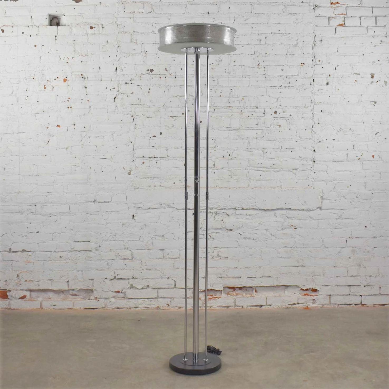 Vintage Modern Chrome Triple Shaft Floor Lamp with Perforated Metal Ring & Glass 2