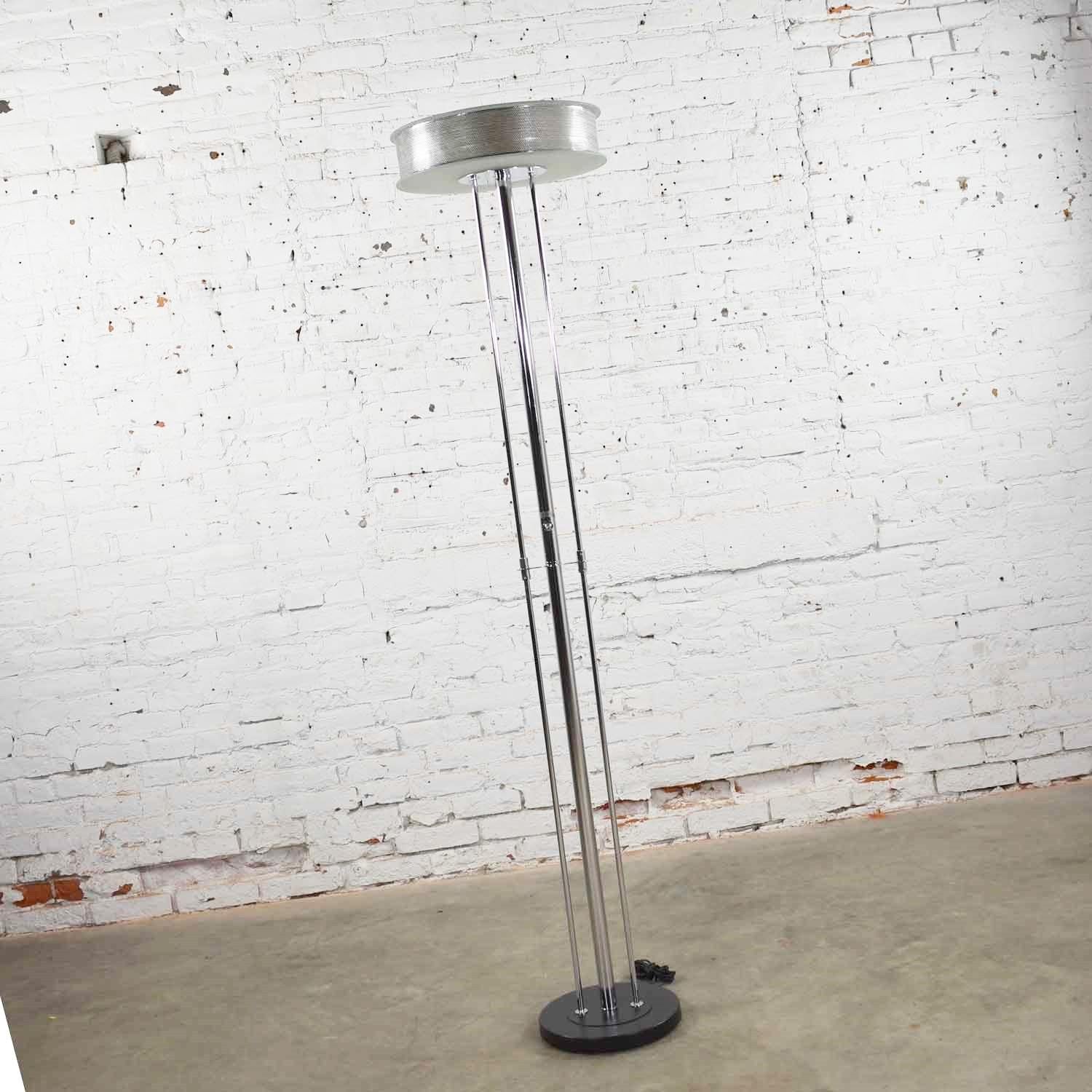 Vintage Modern Chrome Triple Shaft Floor Lamp with Perforated Metal Ring & Glass 3