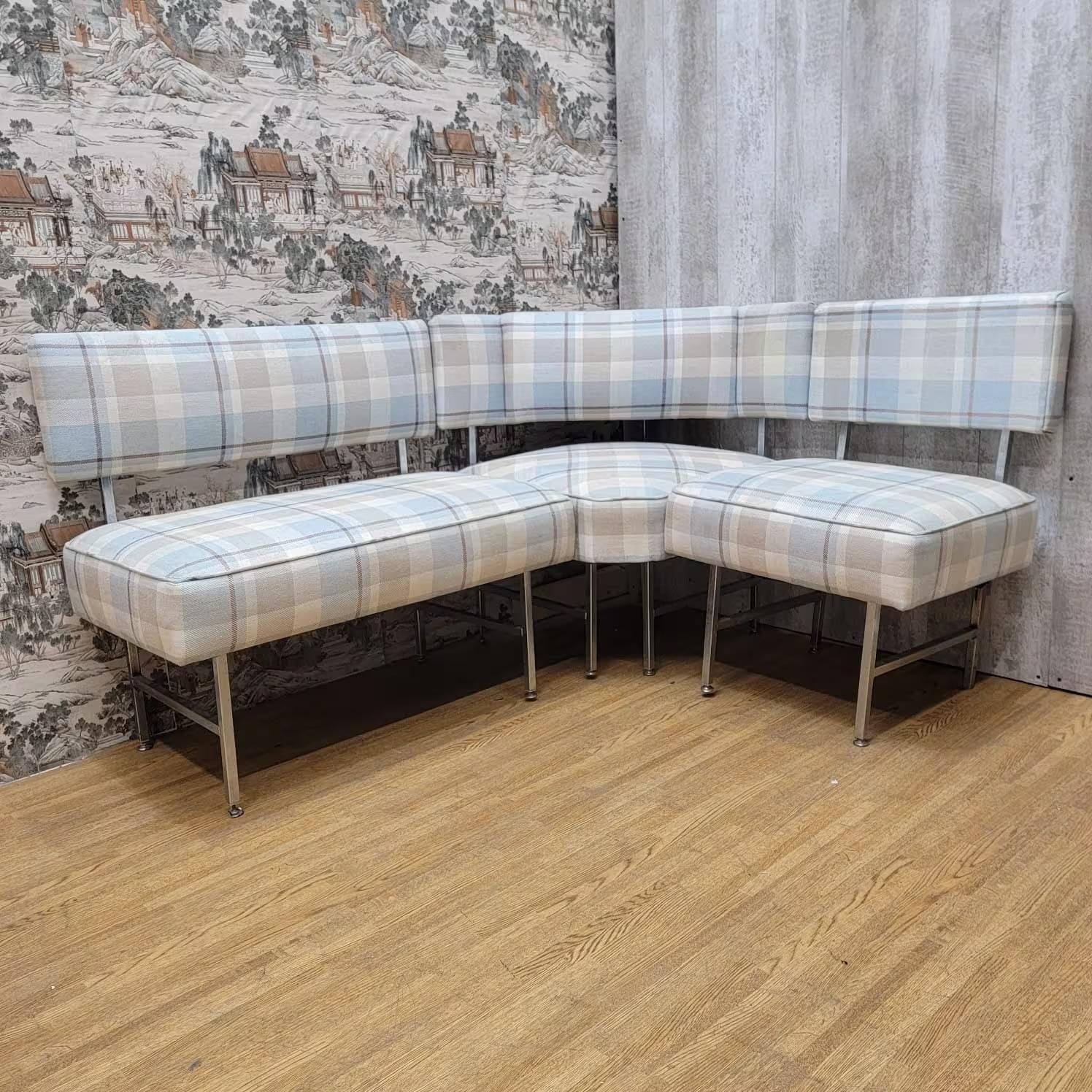 Vintage Modern Corner Dining Banquette in Plaid Fabric 

The Vintage Modern Corner Dining Banquette in Plaid Fabric is a chic and versatile piece of furniture that combines the classic appeal of vintage design with a modern touch. This wrap-around