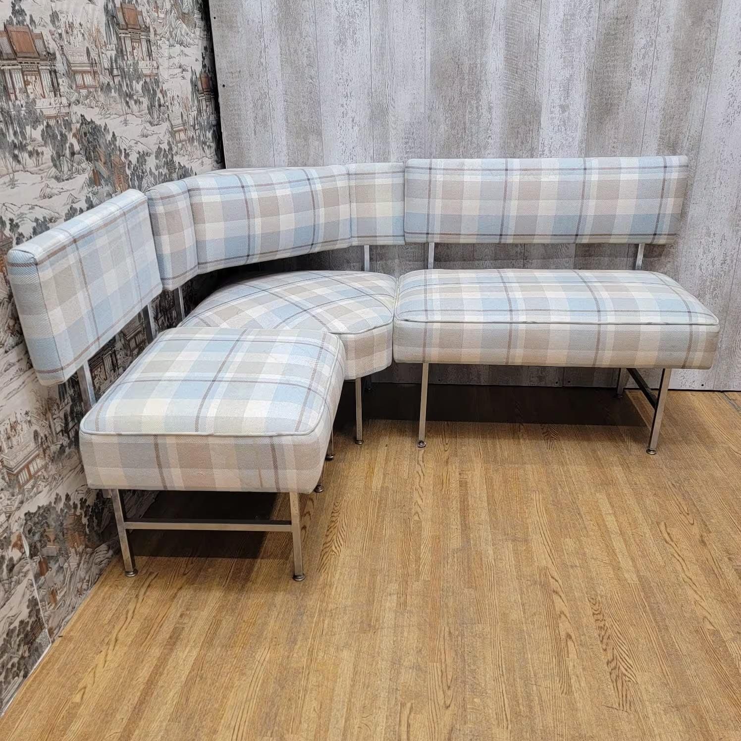 Mid-Century Modern Vintage Modern Corner Dining Banquette in Plaid Fabric  For Sale