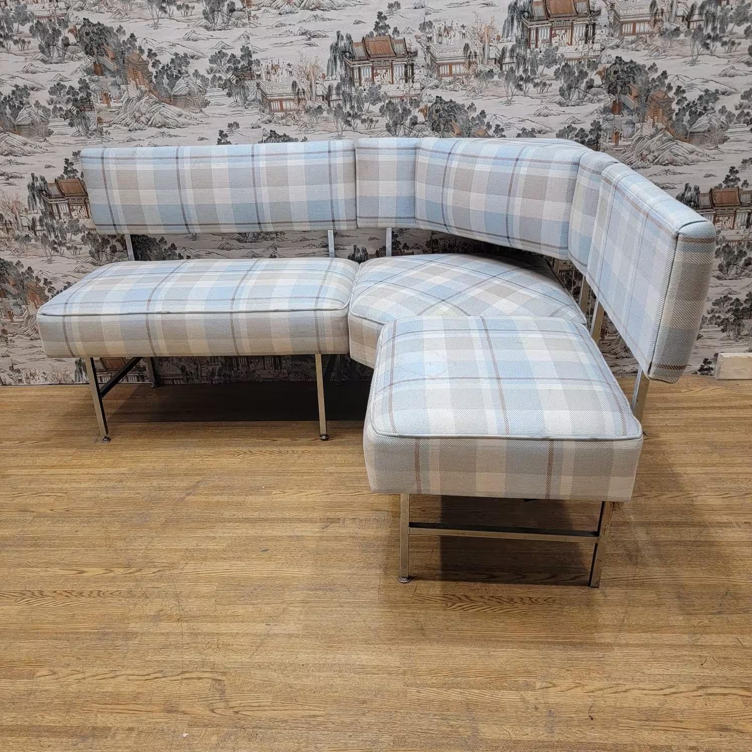 American Vintage Modern Corner Dining Banquette in Plaid Fabric  For Sale
