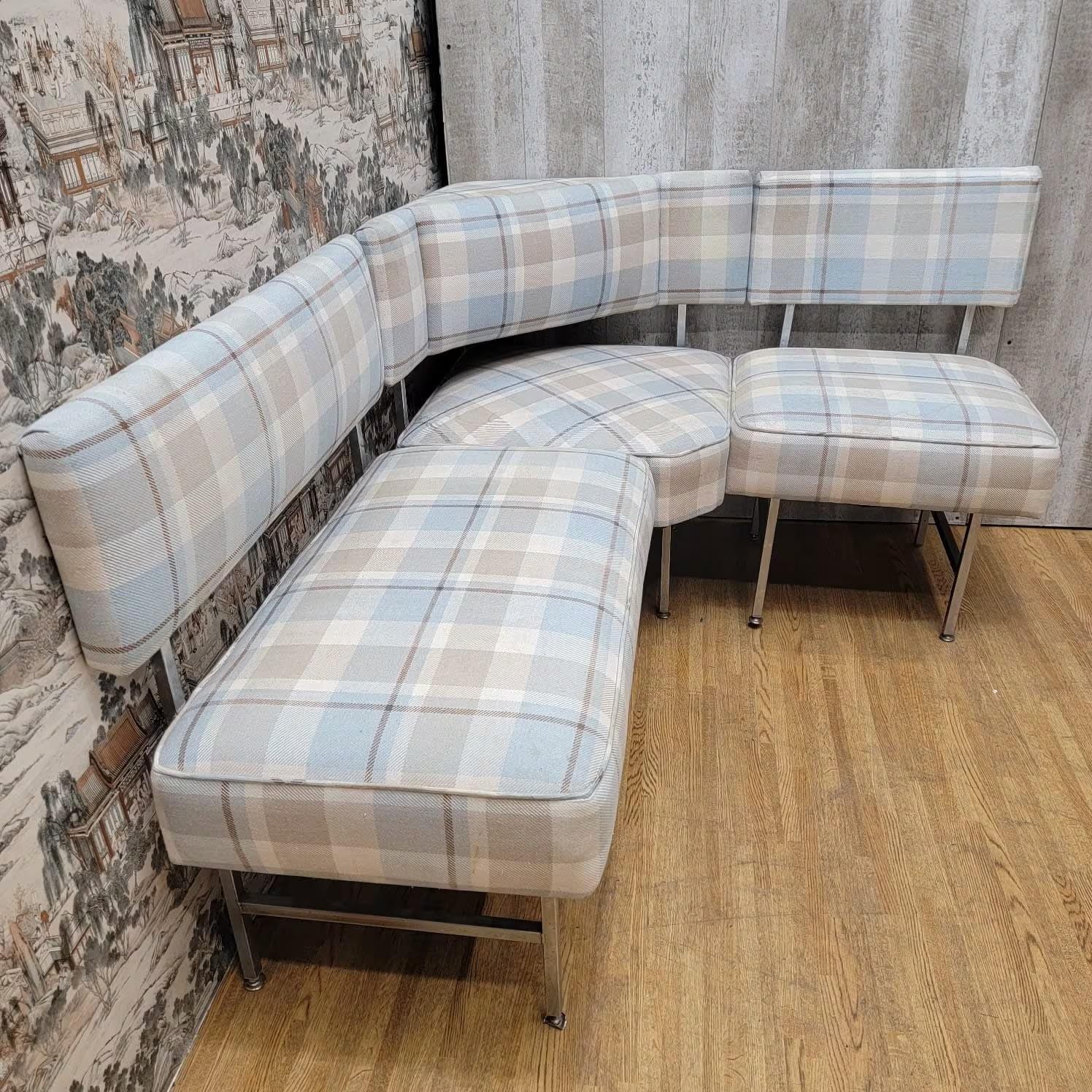 Hand-Crafted Vintage Modern Corner Dining Banquette in Plaid Fabric  For Sale
