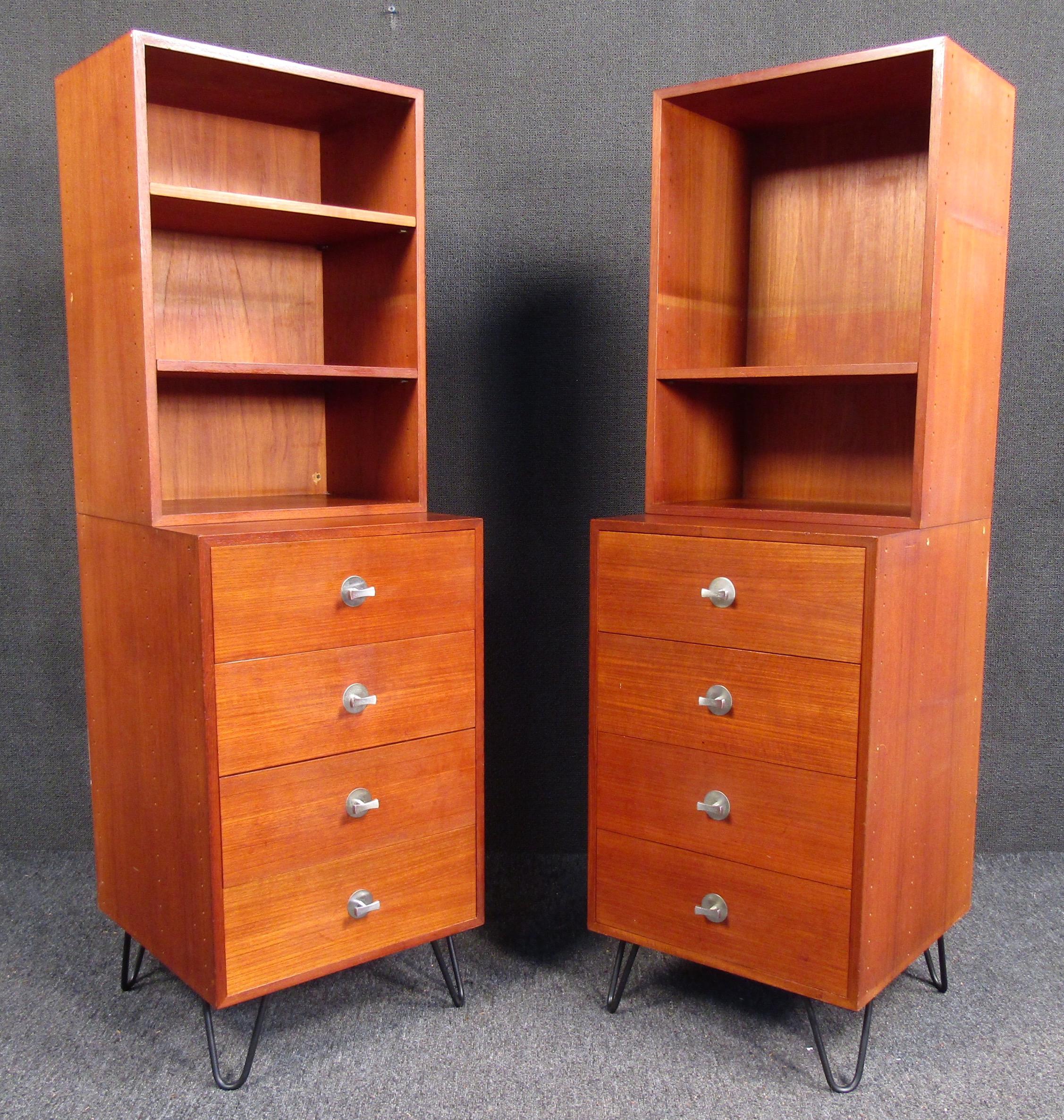 A stunning pair of Mid-Century modern cabinets. They boast a rich teak grain, finished back, and metal pulls. With display shelves and plenty of storage, it is perfect for any office/home/studio setting.

Please confirm pickup location (NY/NJ).