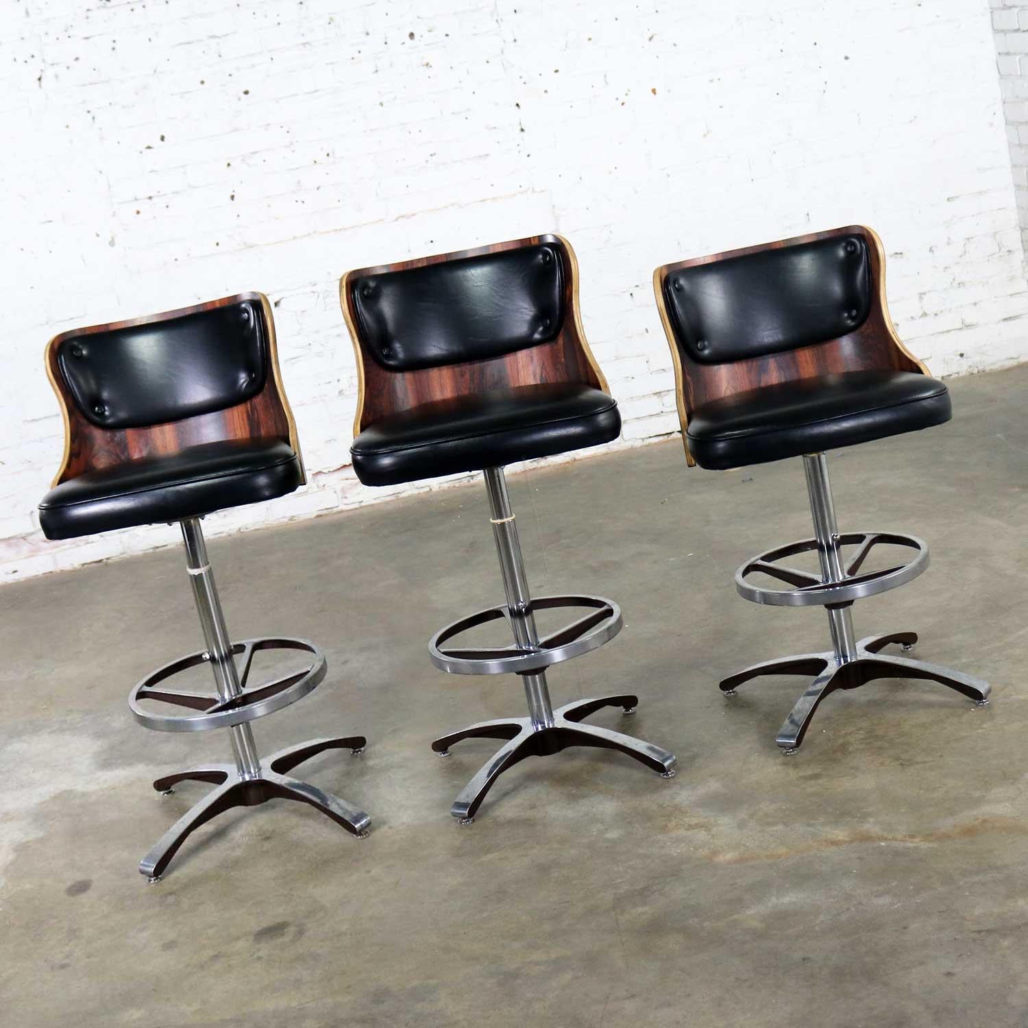 Aluminum Vintage Modern Daystrom Adjustable Black Bar Stools Molded Curved Backs Set 3