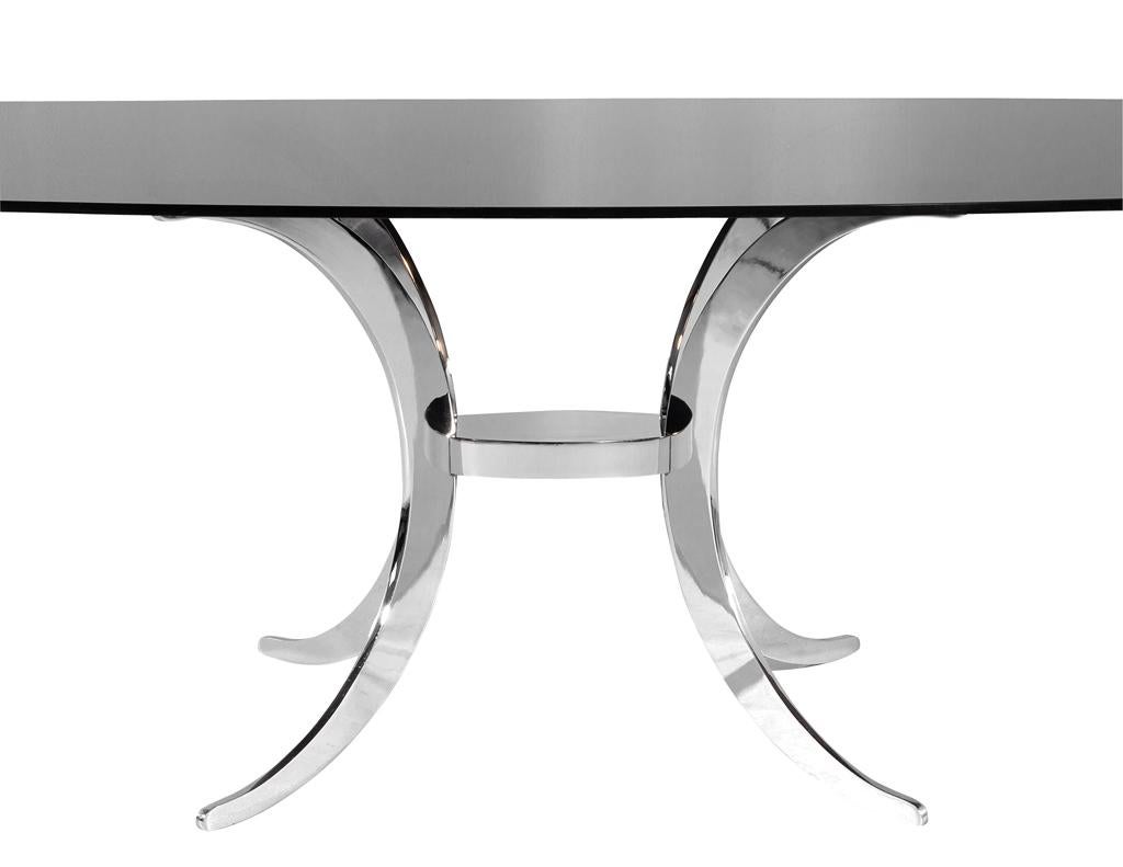 Vintage Modern Dining Table with Sculpted Metal Base Table and Smoked Glass Top For Sale 5