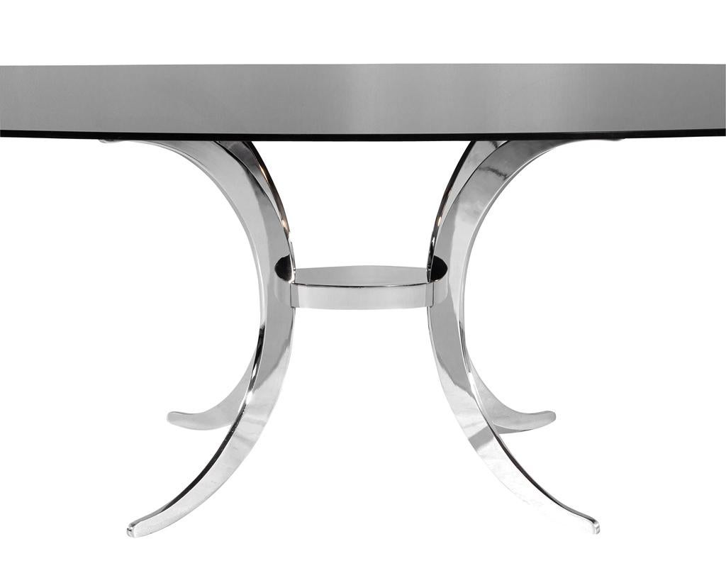 Vintage Modern Dining Table with Sculpted Metal Base Table and Smoked Glass Top For Sale 6