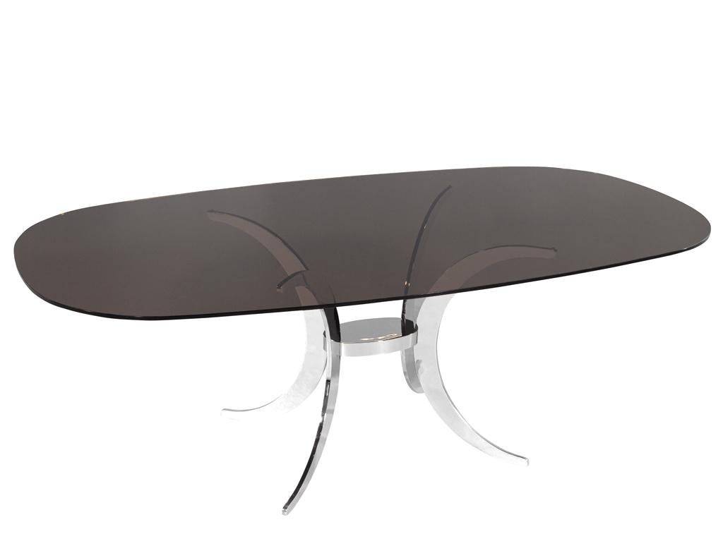 Vintage Modern Dining Table with Sculpted Metal Base Table and Smoked Glass Top For Sale 7