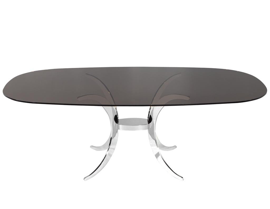 Vintage Modern Dining Table with Sculpted Metal Base Table and Smoked Glass Top For Sale 9