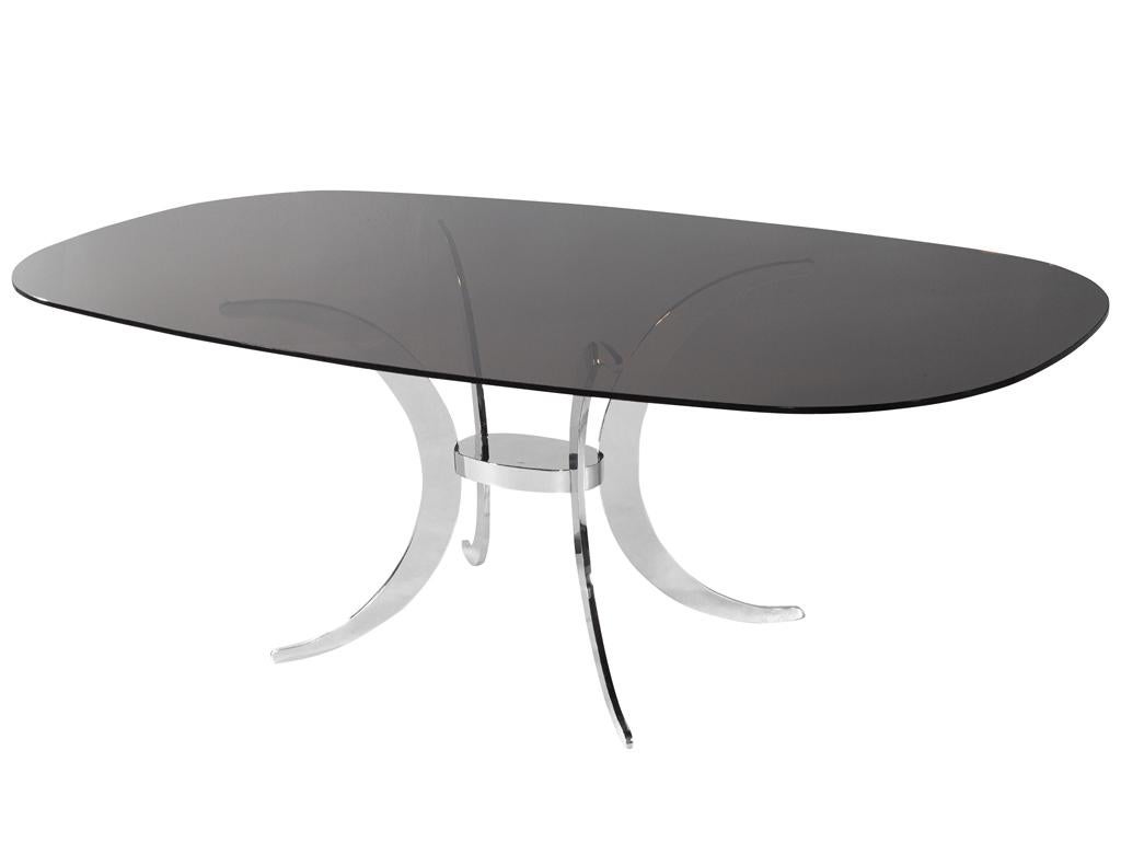 Vintage Modern Dining Table with Sculpted Metal Base Table and Smoked Glass Top For Sale 9