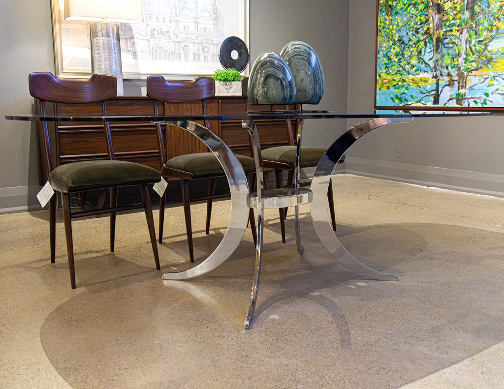 French Vintage Modern Dining Table with Sculpted Metal Base Table and Smoked Glass Top For Sale