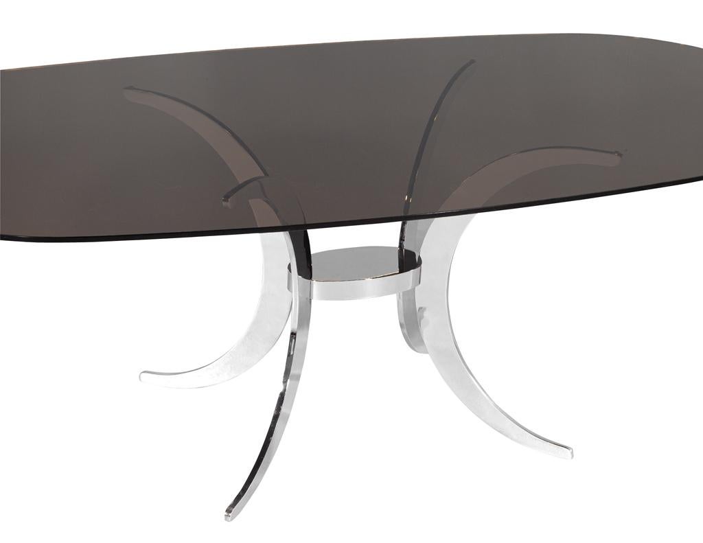 Vintage Modern Dining Table with Sculpted Metal Base Table and Smoked Glass Top For Sale 1