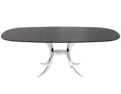 Vintage Modern Dining Table with Sculpted Metal Base Table and Smoked Glass Top