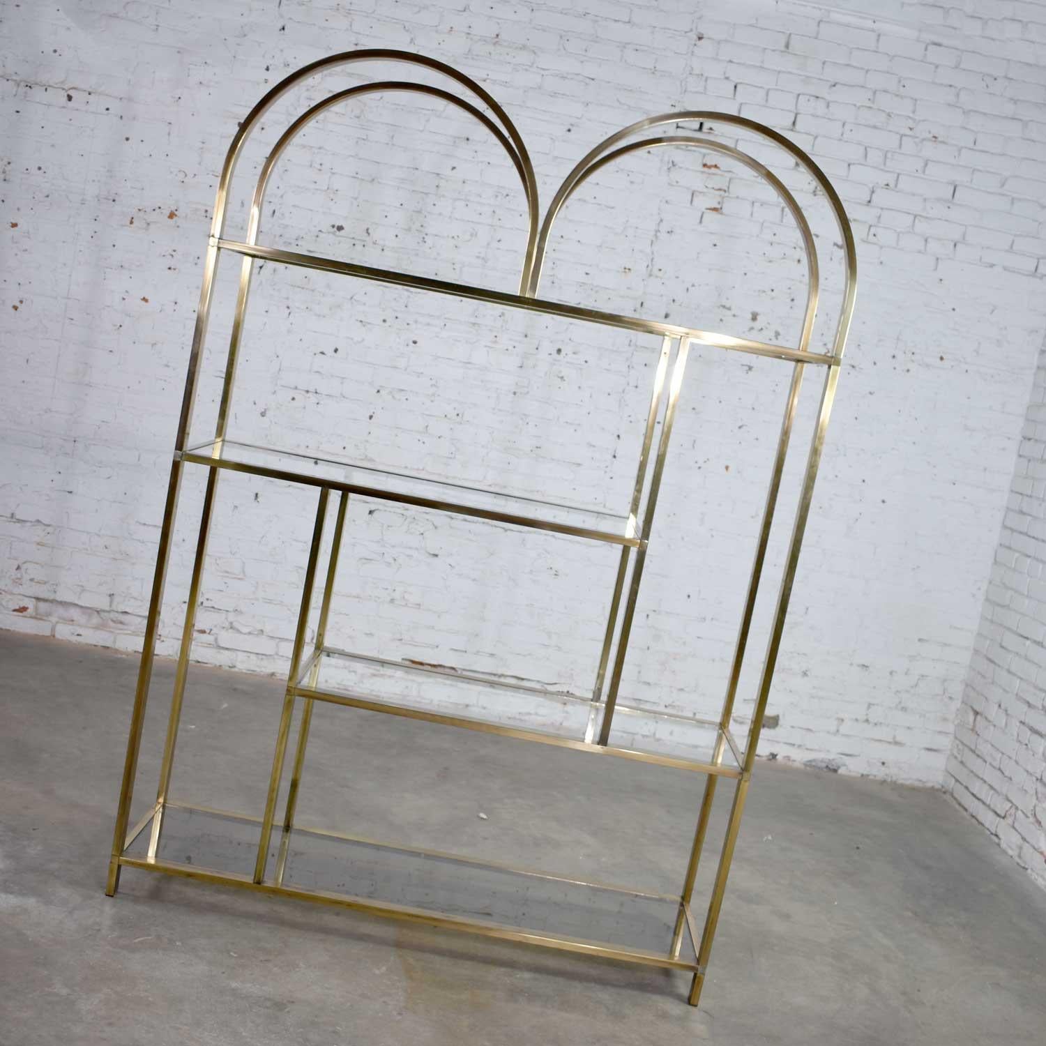 Vintage Modern Double Arched Étagère Display Shelves Brass Plated and Glass 4