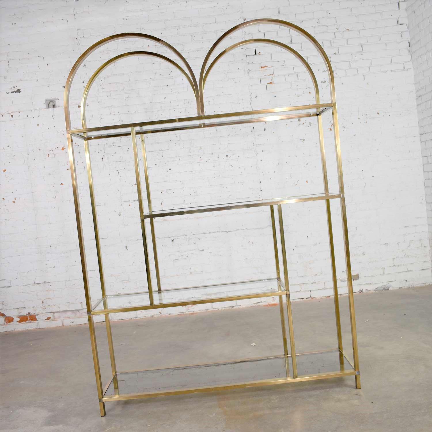 Vintage Modern Double Arched Étagère Display Shelves Brass Plated and Glass 5