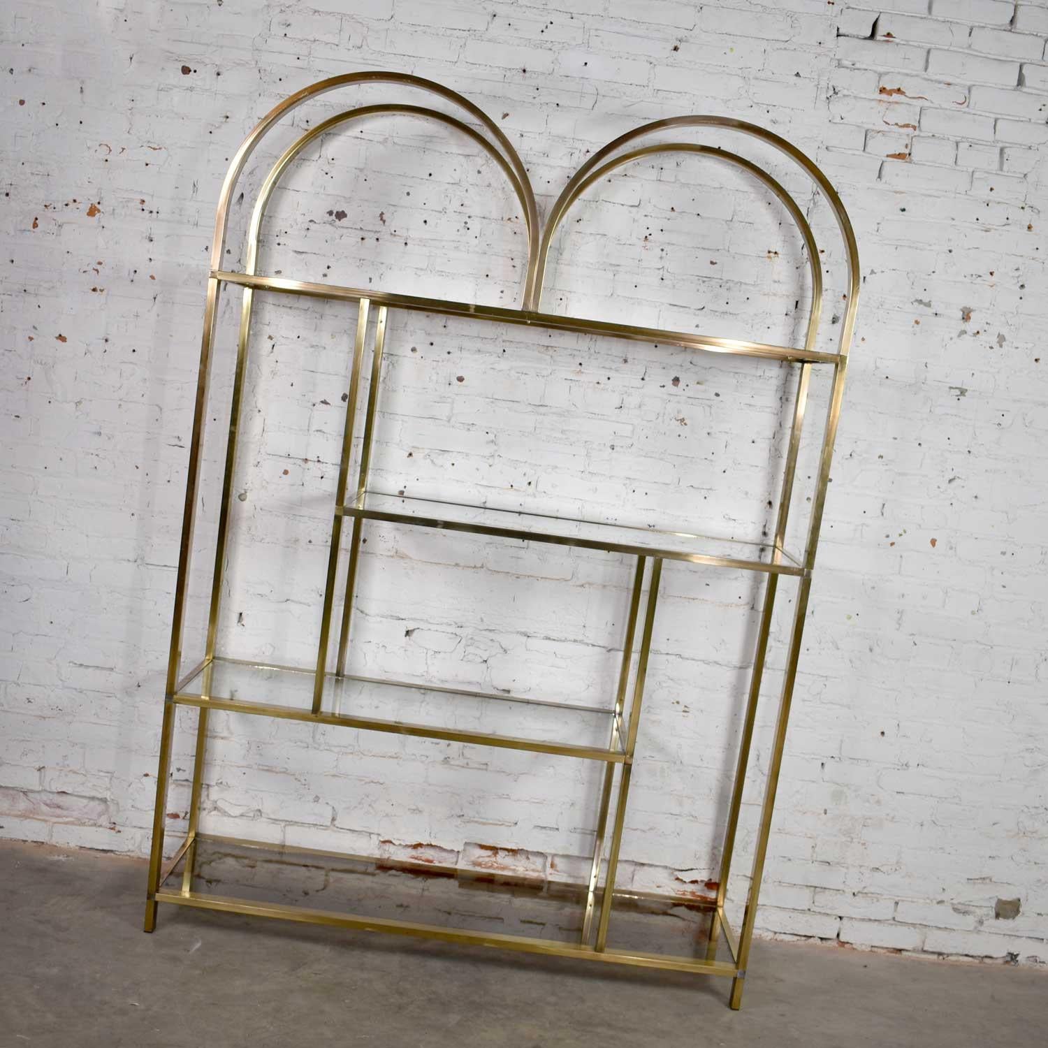 20th Century Vintage Modern Double Arched Étagère Display Shelves Brass Plated and Glass