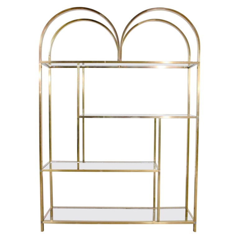 Vintage Modern Double Arched Étagère Display Shelves Brass Plated and Glass For Sale
