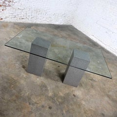 Vintage Modern Double Pedestal Dining Table with Rectangular Glass Top