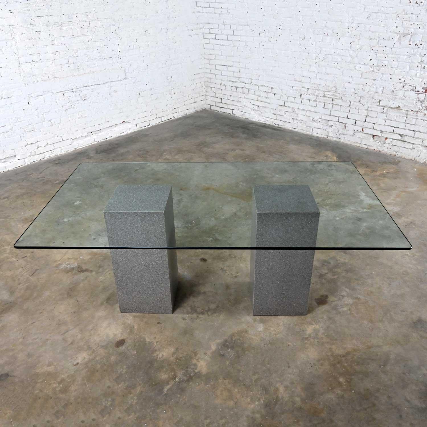Verre Vintage Modern Double Pedestal Dining Table with Rectangular Glass Top en vente