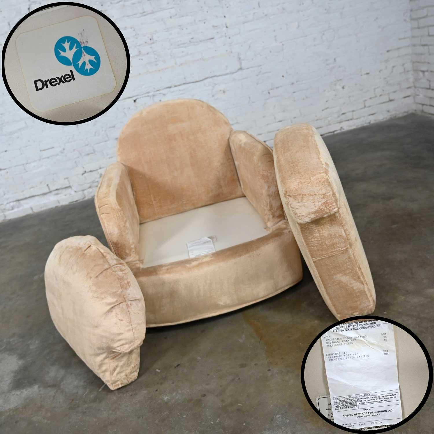 Vintage Modern Drexel Club Chair & Ottoman with Casters Original Tan Chenille For Sale 4