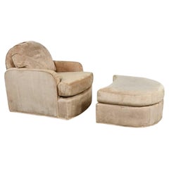 Vintage Moderner Drexel Clubsessel & Ottomane mit Rollen, Original Tan Chenille, Vintage