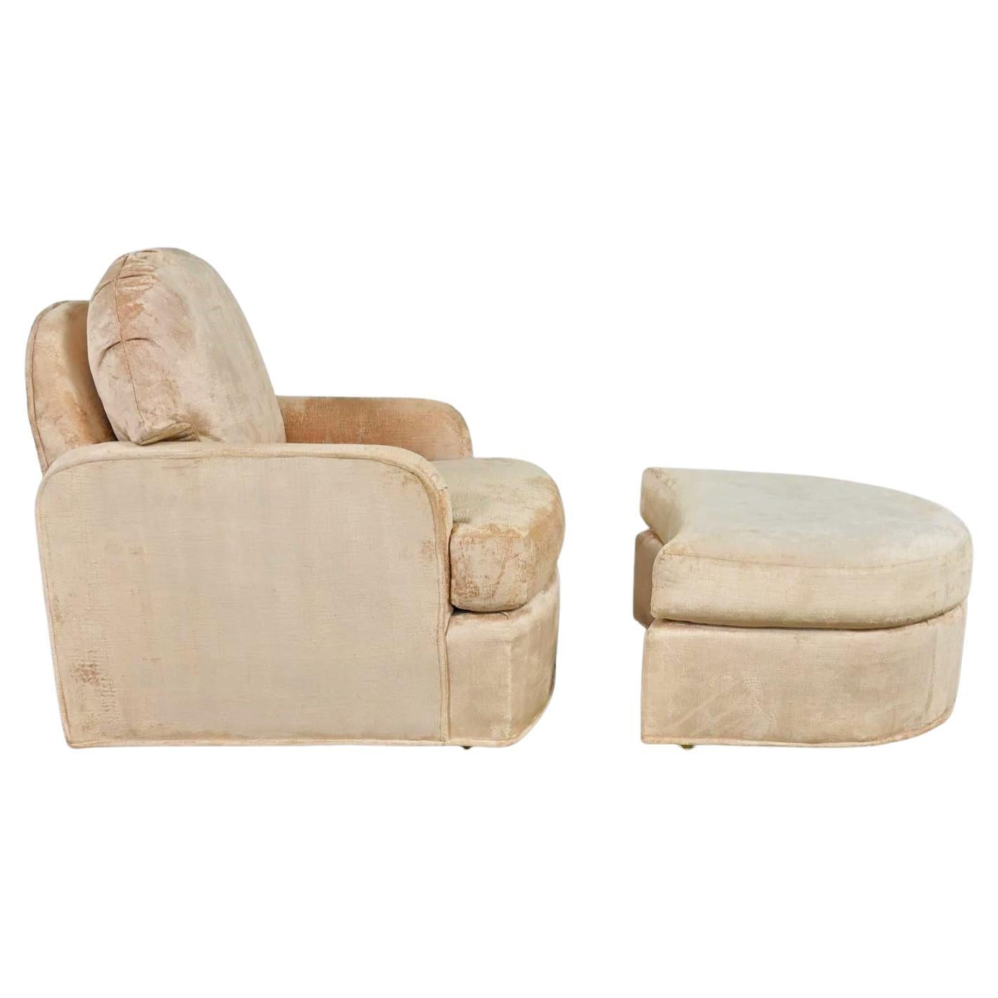 Vintage Modern Drexel Club Chair & Ottoman with Casters Original Tan Chenille For Sale