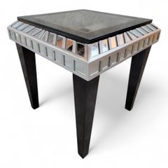 Vintage Modern Ebonized Wood And Silver w Mirrored Trim Glass Side Table