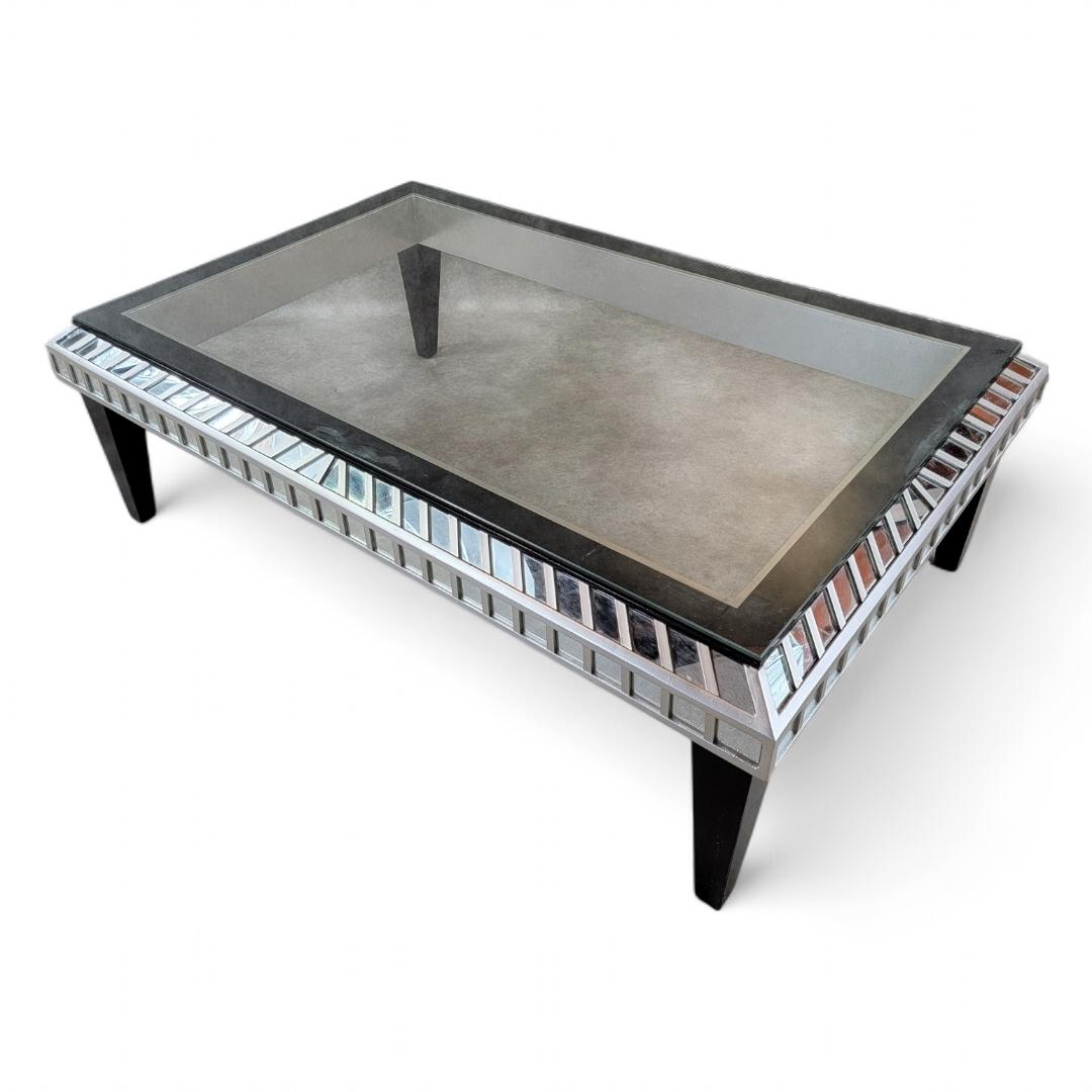 Vintage Modern Ebonized Wood and Silver With Mirrored Trim Glass Top Coffee Table

