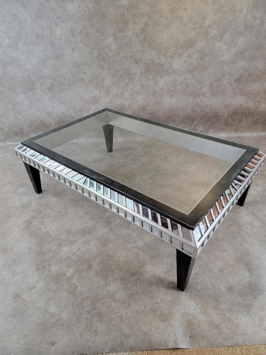 Unknown Vintage Modern Ebonized Wood and Silver With Mirrored Trim Glass Top Coffee Tabl For Sale
