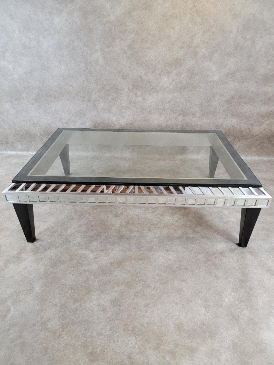 Vintage Modern Ebonized Wood and Silver With Mirrored Trim Glass Top Coffee Tabl In Good Condition For Sale In Chicago, IL