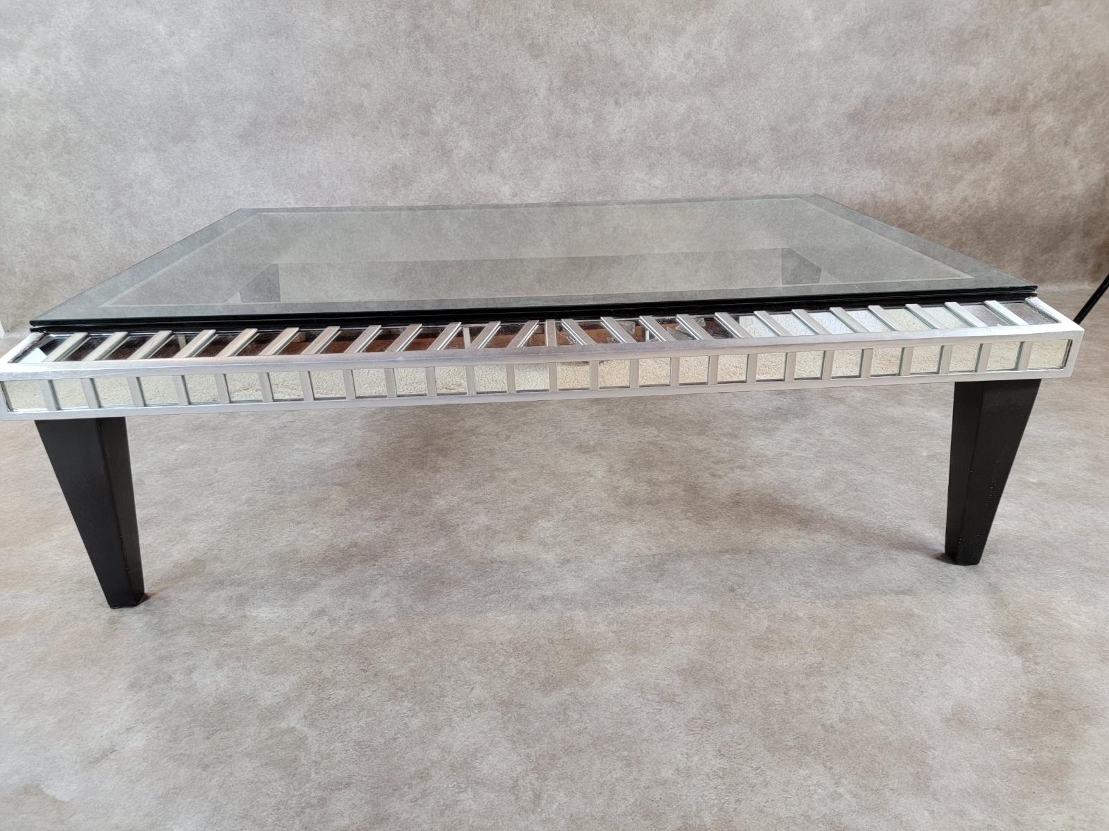 20th Century Vintage Modern Ebonized Wood and Silver With Mirrored Trim Glass Top Coffee Tabl For Sale