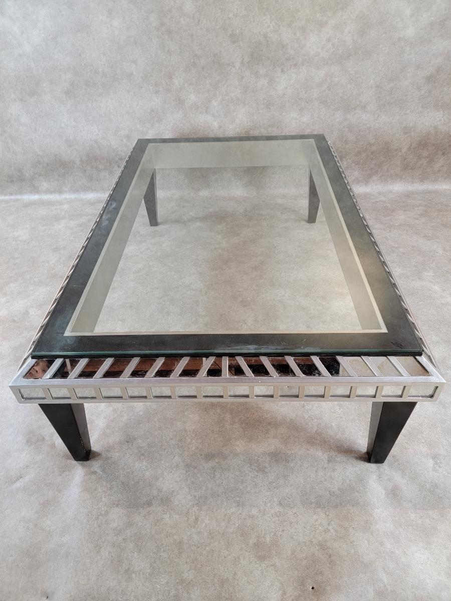 Vintage Modern Ebonized Wood and Silver With Mirrored Trim Glass Top Coffee Tabl For Sale 1