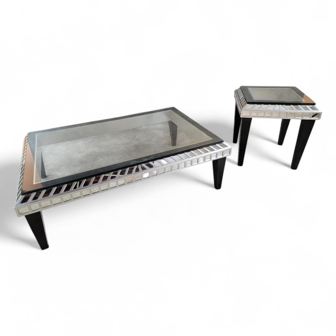 Vintage Modern Ebonized Wood and Silver With Mirrored Trim Glass Top Coffee Tabl For Sale 2