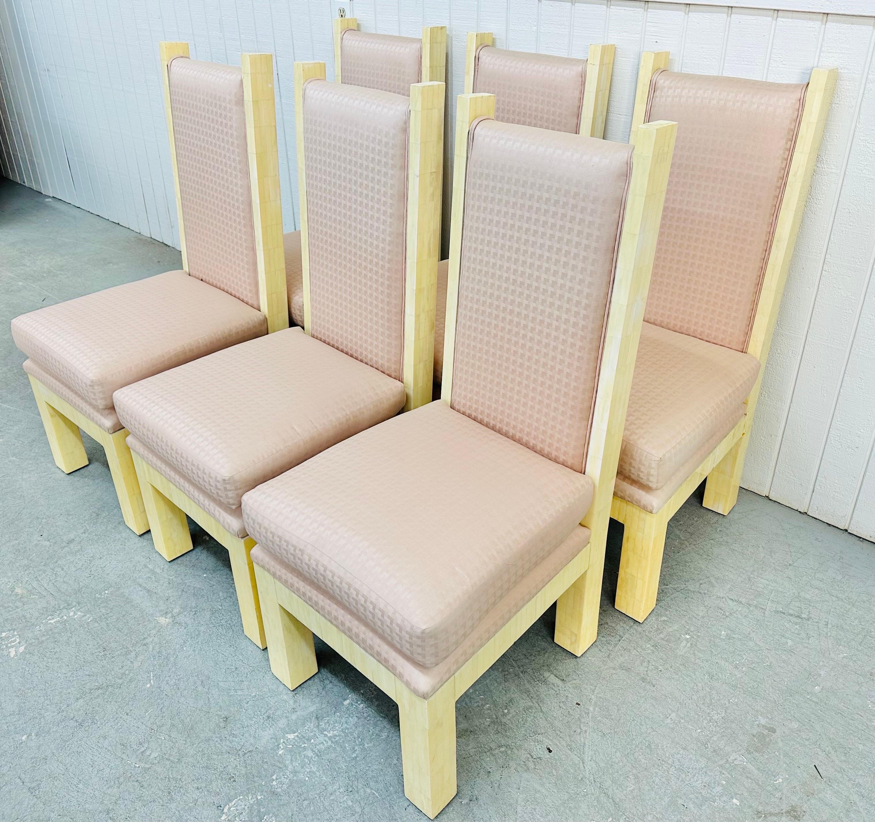 This listing is for a set of Vintage Modern Enrique Garcel Tessellated Dining Chairs. Featuring a straight line design, tessellated frames, and original pink upholstery. This is an exceptional combination of quality and design by Enrique Garcel!