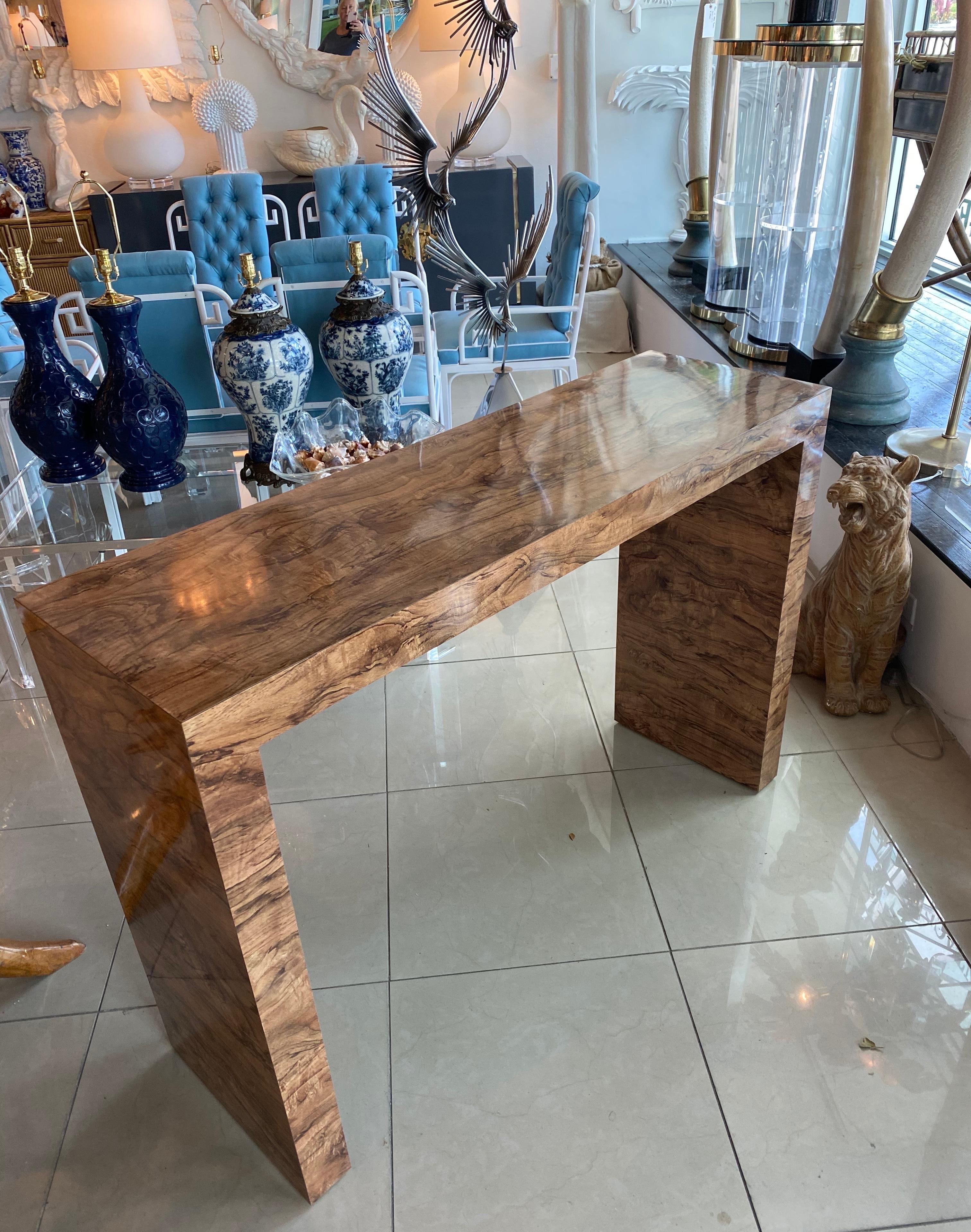 American Vintage Modern Faux Burl Wood Waterfall Console Table