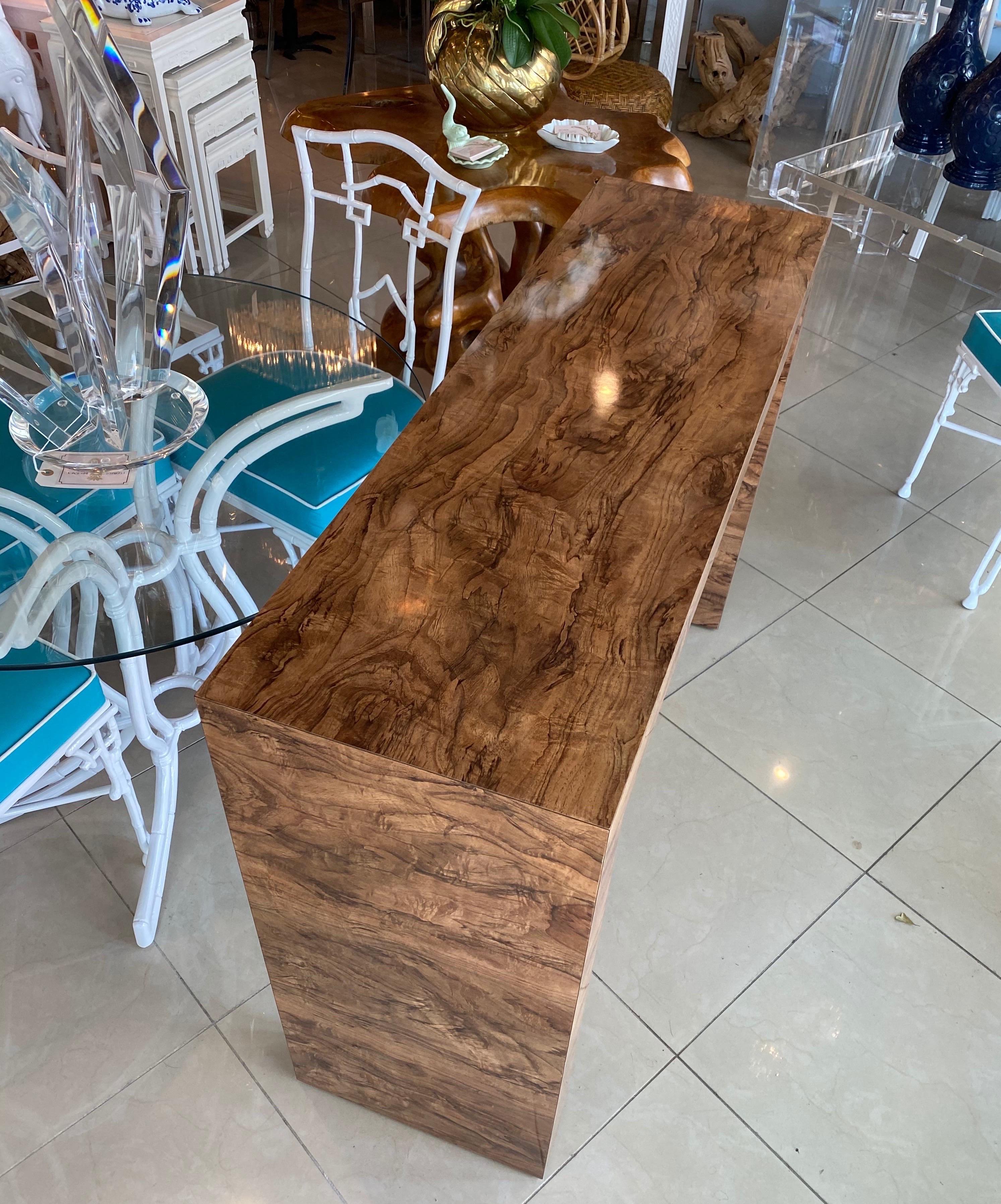 Vintage Modern Faux Burl Wood Waterfall Console Table In Good Condition In West Palm Beach, FL