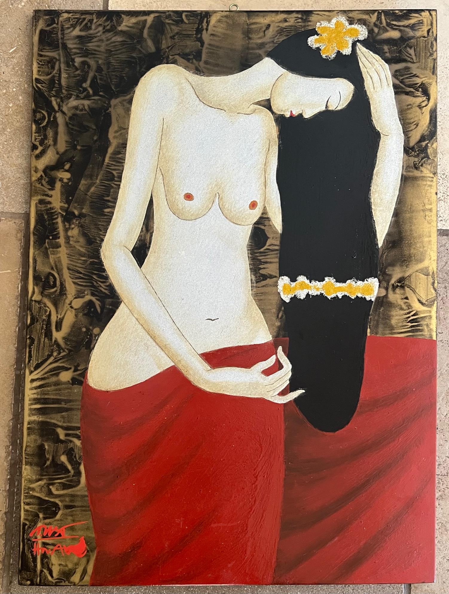Vintage Modern Figurative Nude Painting on Wood, Signed by Artist 4